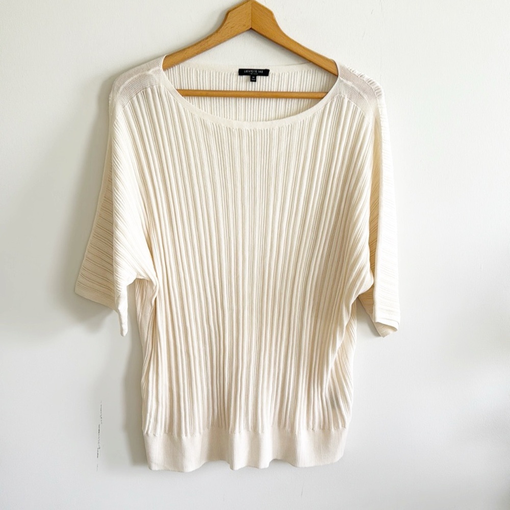 Lafayette 148 New York Cream Ribbed Short-Sleeve Sweater size 1X